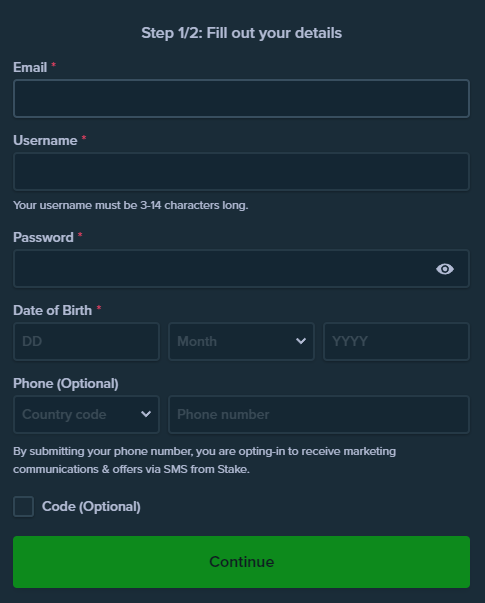 Sign Up form at Stake Canada